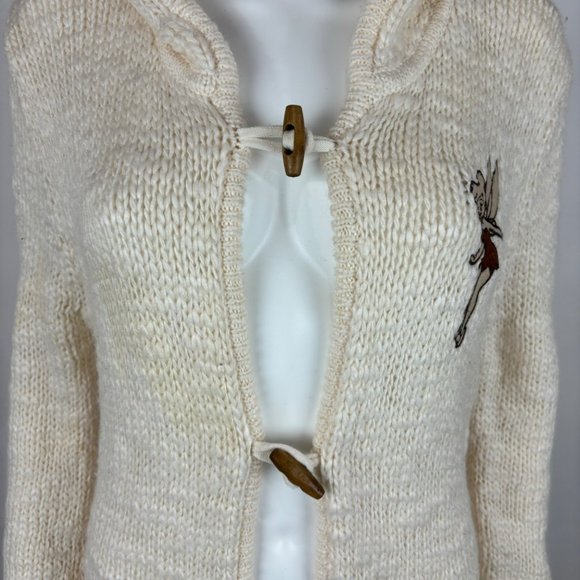 Disney Tinker Bell Duster Sweater Jacket Women's Cream Wool Blend Hooded Wood To - Picture 5 of 10